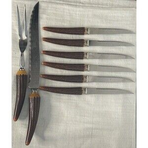 Vintage Regent Sheffield Wavecrest 6 Steak Knives, Carving Knife and Serve Fork